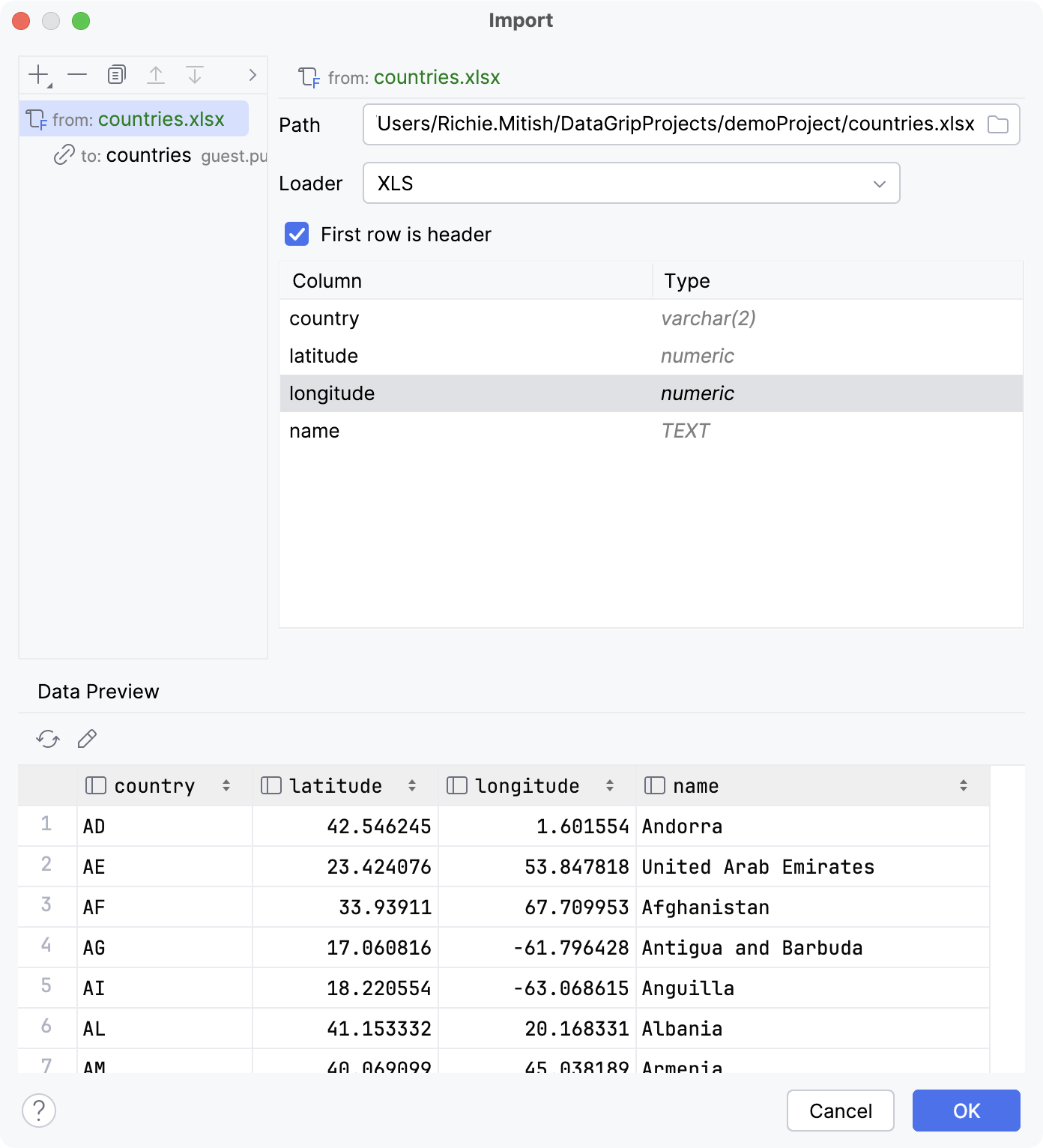 Import data from Excel file: source settings Import data from Excel file: source settings