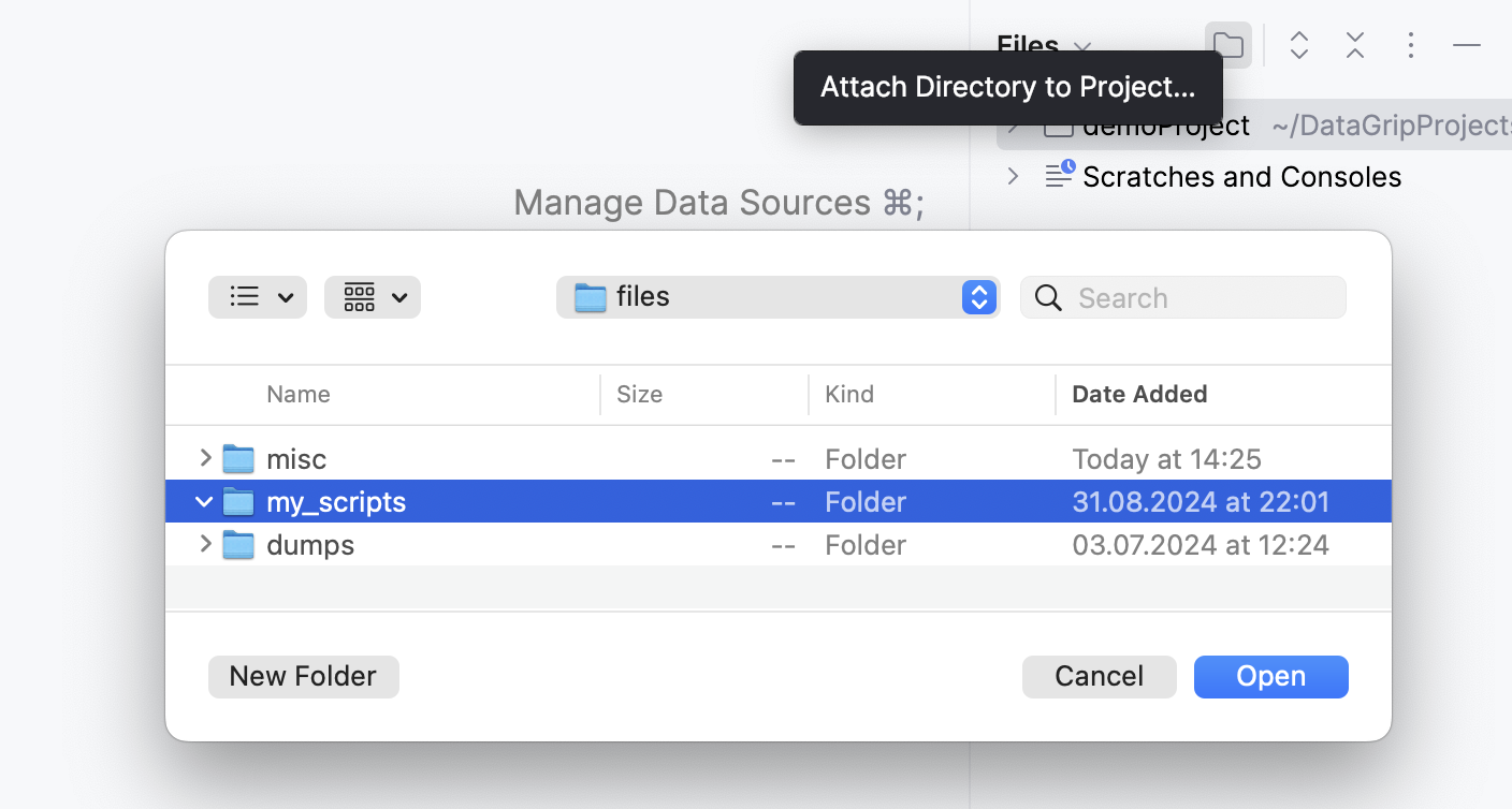 Attaching the directory with the SQL file to the DataGrip project Attaching the directory with the SQL file to the DataGrip project