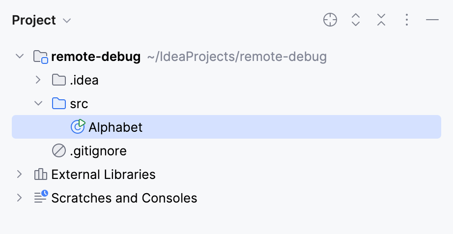在 Project 工具窗口中的 Alphabet.java 在 Project 工具窗口中的 Alphabet.java