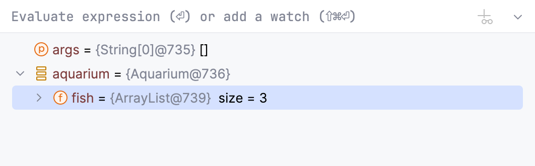 Variables 选项卡中的 'fish' 列表 Variables 选项卡中的 'fish' 列表