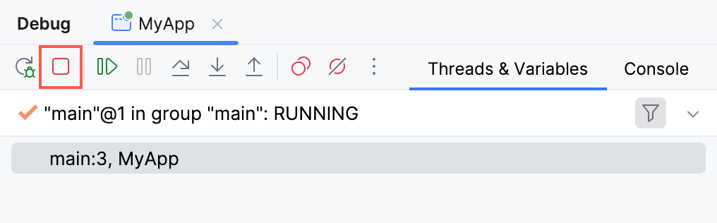 the Stop button on the debugger toolbar the Stop button on the debugger toolbar