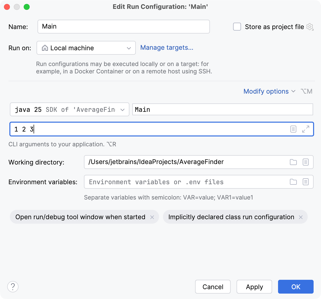 Arguments are entered in the Program arguments field Arguments are entered in the Program arguments field