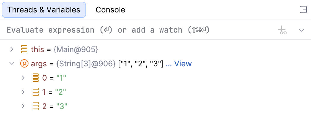 Variable values are shown in the Variables panel Variable values are shown in the Variables panel