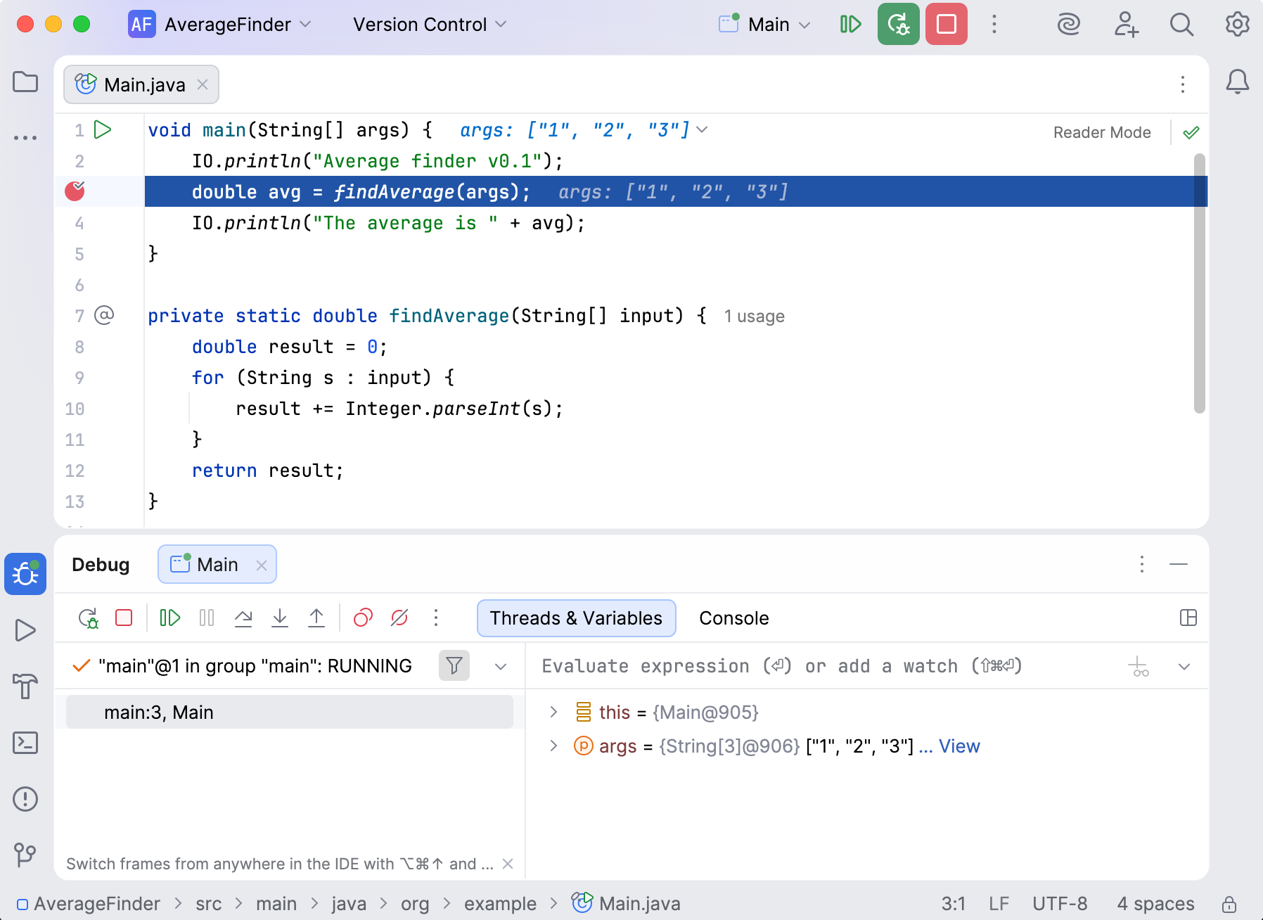 Debug tool window appears. The line with the breakpoint is highlighted Debug tool window appears. The line with the breakpoint is highlighted