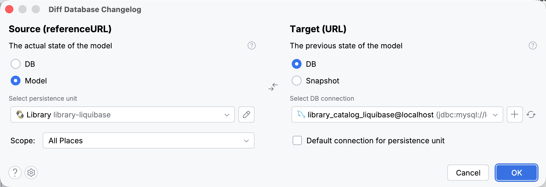 Diff Database Changelog dialog Diff Database Changelog dialog
