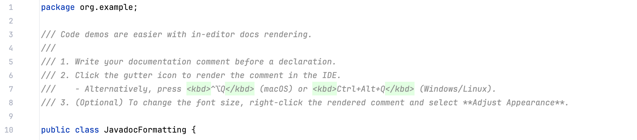 Markdown Javadoc comment in edit mode