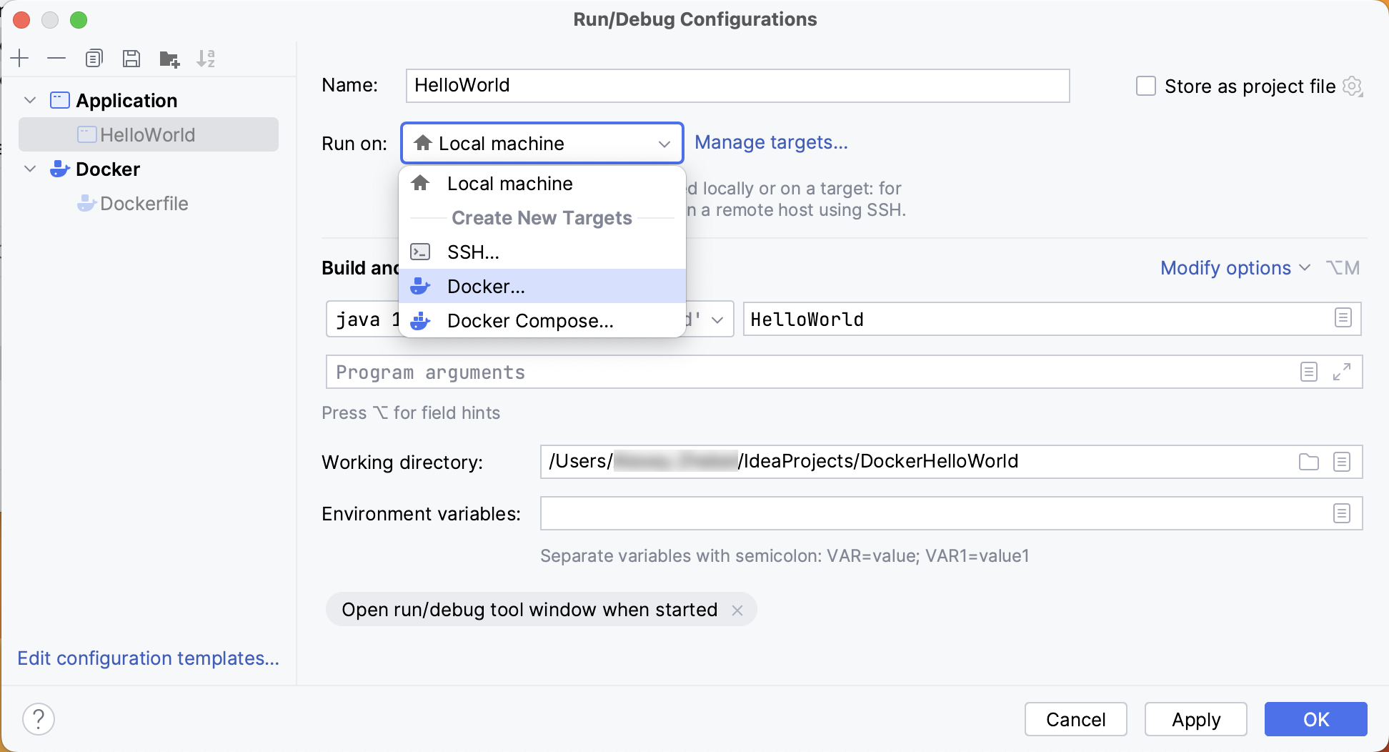向运行配置中添加 Docker run 目标 向运行配置中添加 Docker run 目标