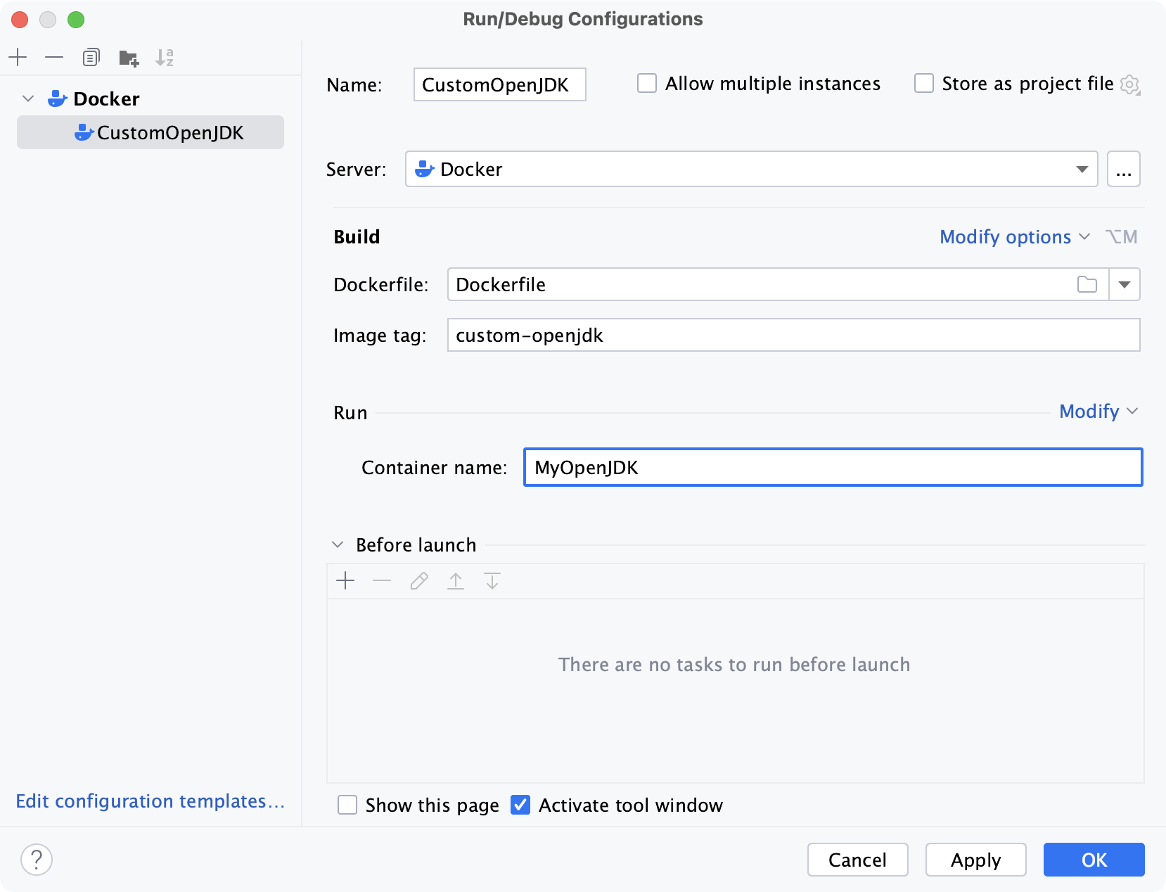 Dockerfile run configuration dialog Dockerfile run configuration dialog