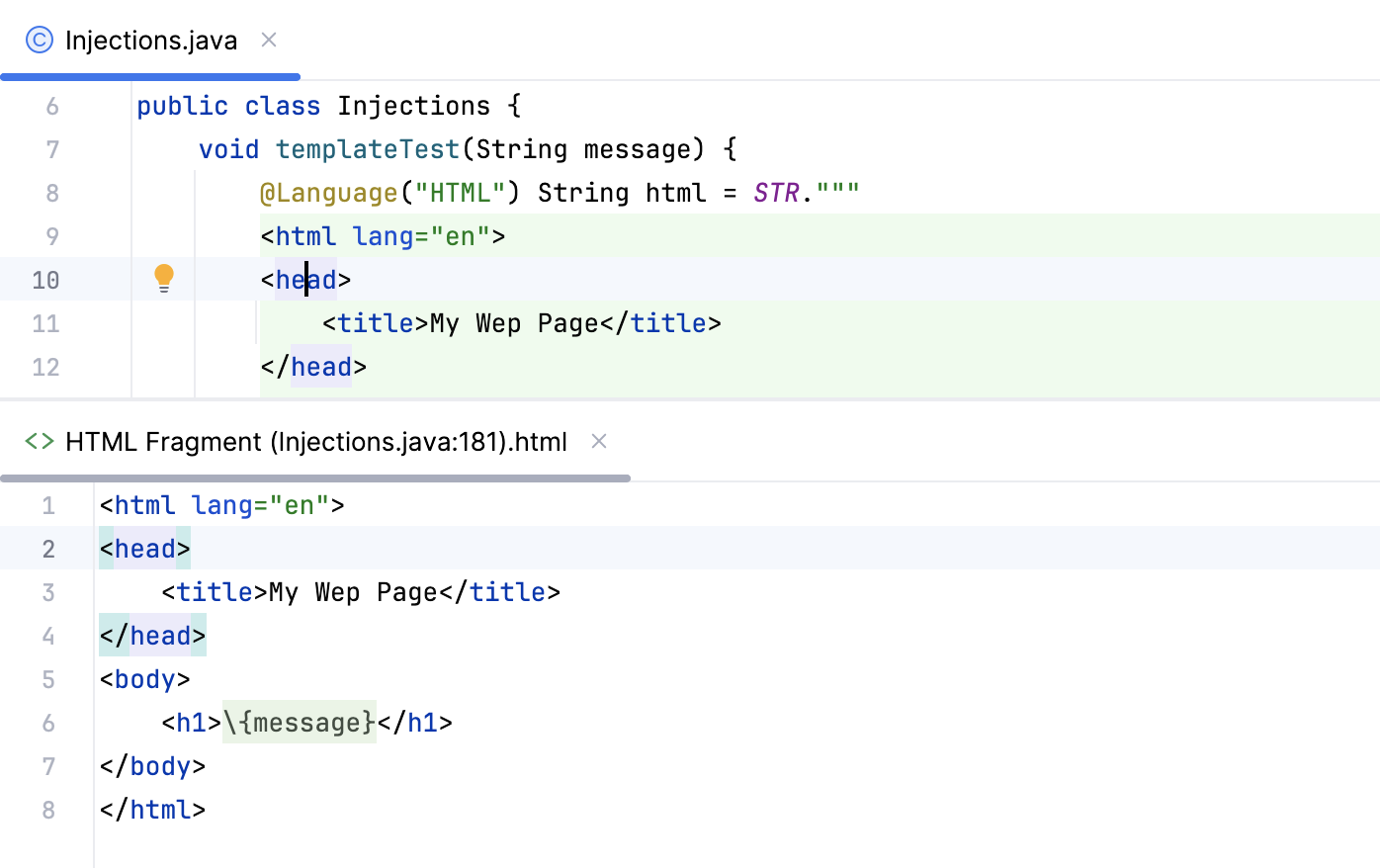 Editing the injected code fragment in the dedicated editor Editing the injected code fragment in the dedicated editor