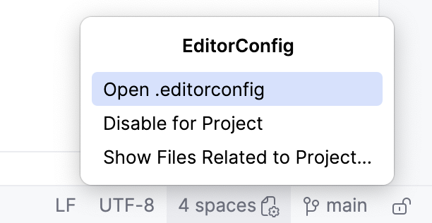 EditorConfig menu opened from the Indentation widget EditorConfig menu opened from the Indentation widget