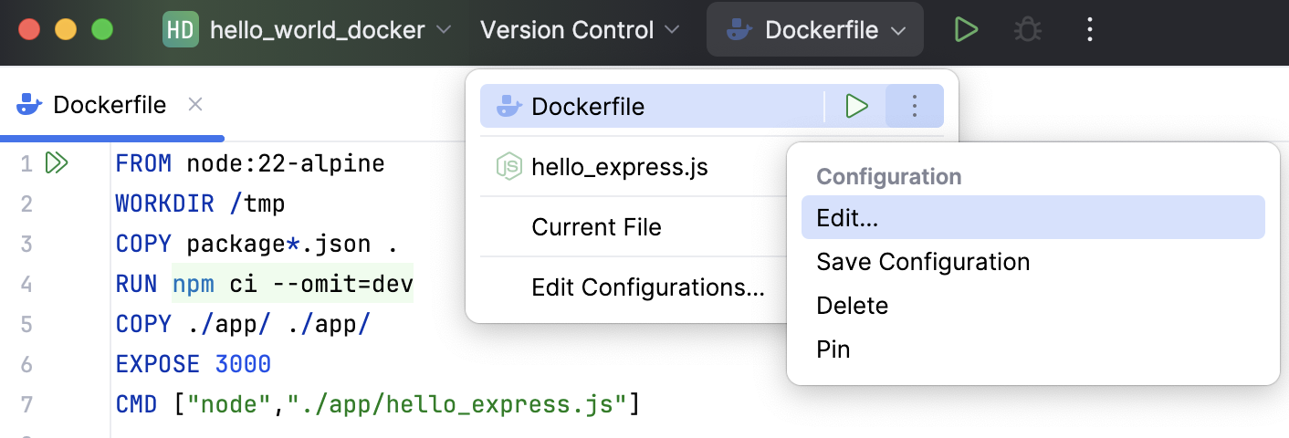 从运行微件中打开 Dockerfile 运行配置 从运行微件中打开 Dockerfile 运行配置
