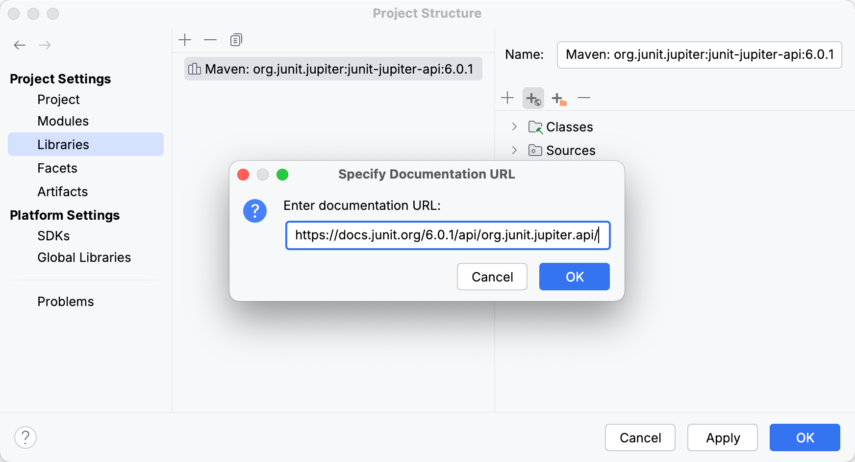 Specifying the library documentation path in the Project Structure dialog Specifying the library documentation path in the Project Structure dialog