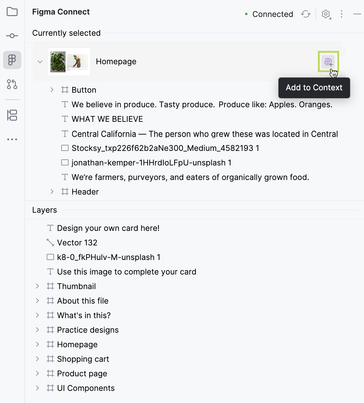 The highlighted Add to Context icon on a selection item