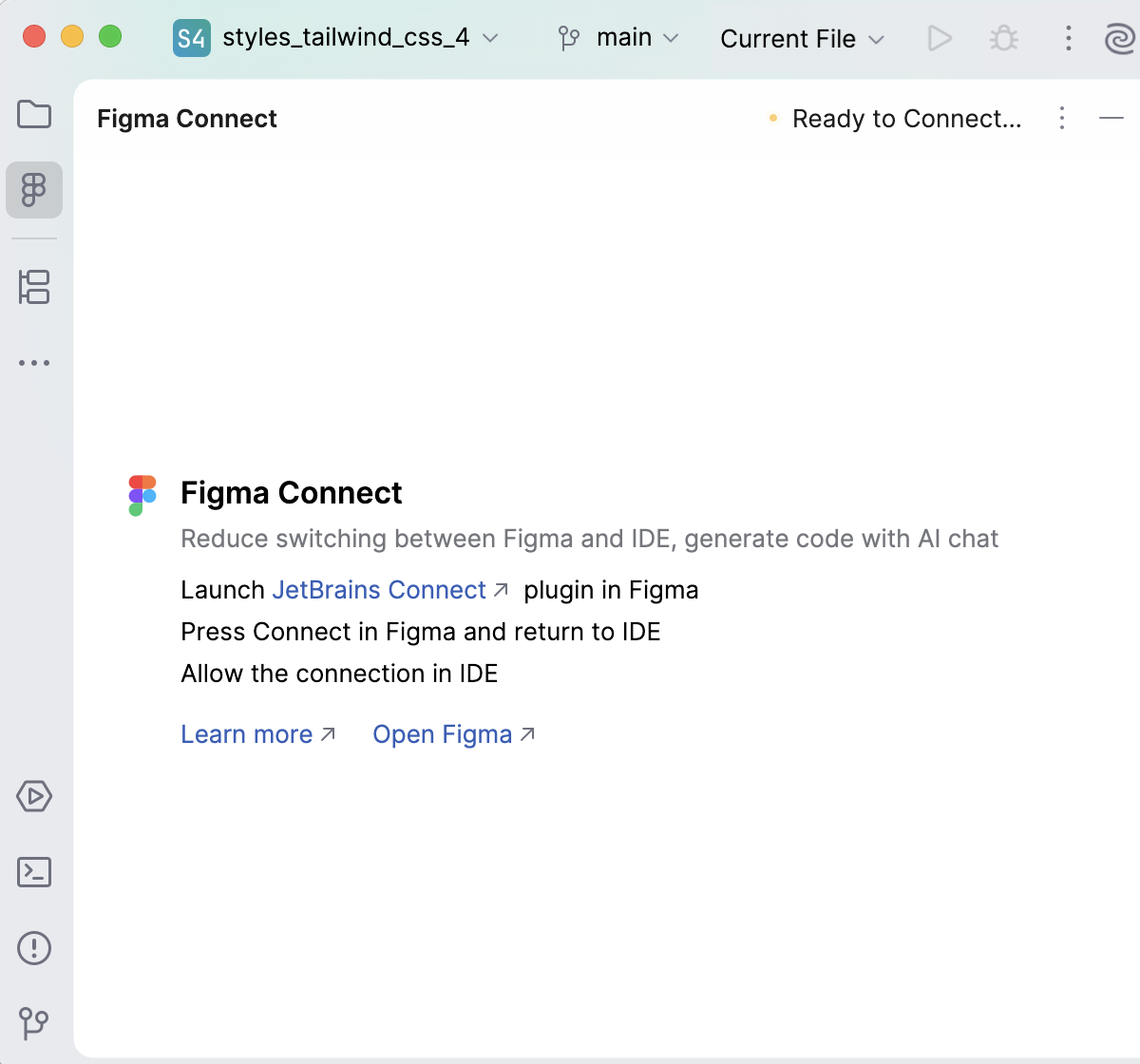 The Figma Connect tool window with connection instructions