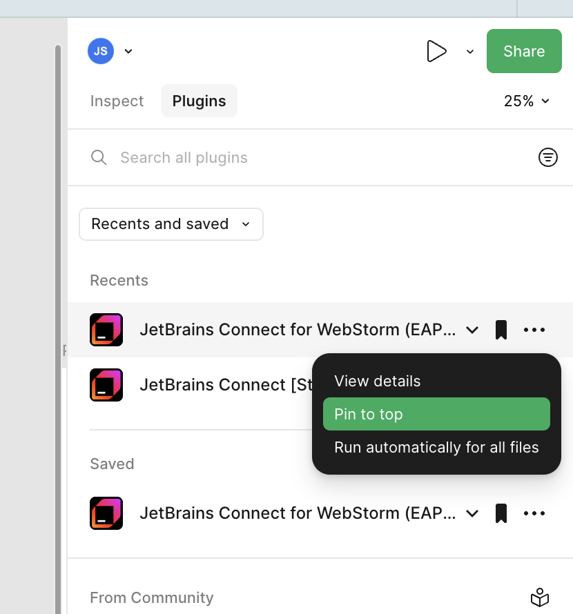 The Pin to top action in the Figma plugin menu