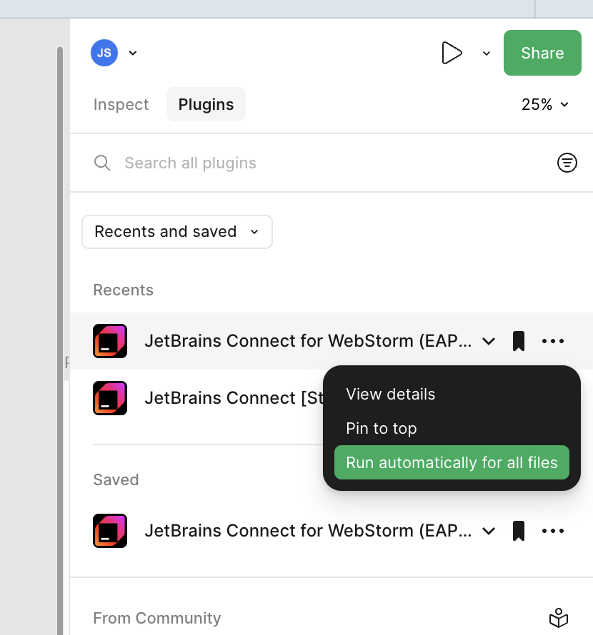 The Run automatically for all files action in the Figma plugin menu