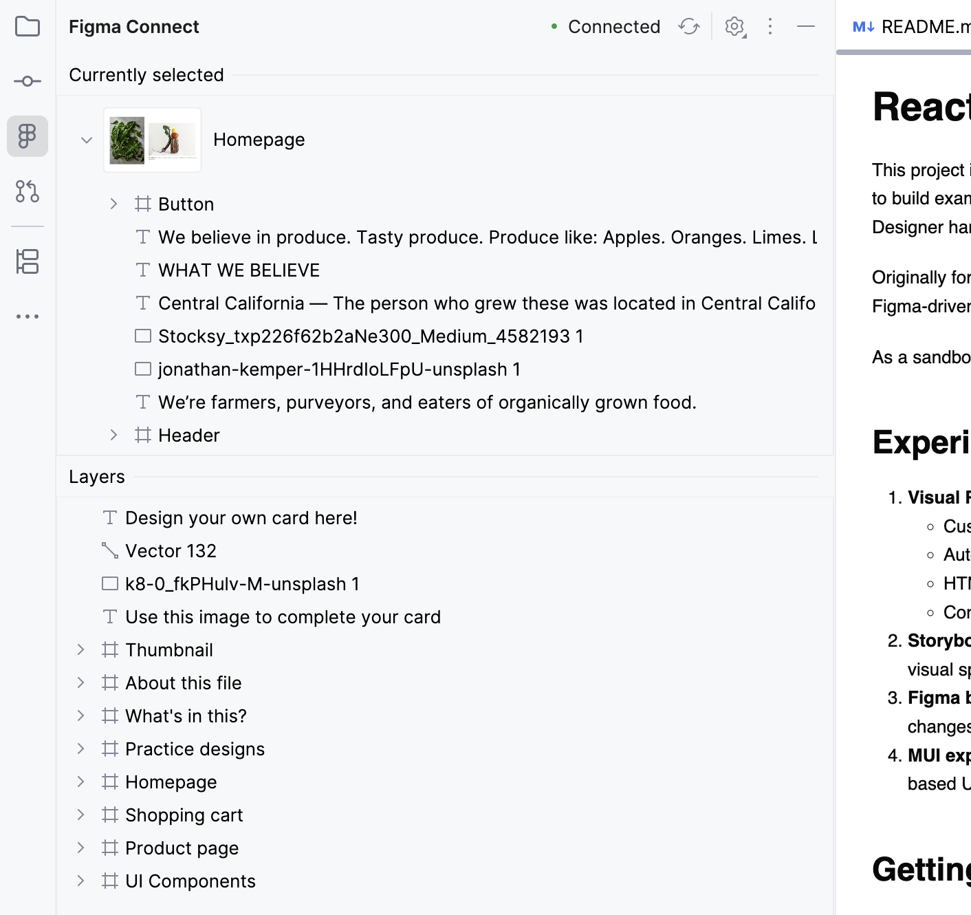 The Figma Connect tool window showing the current selection and layers