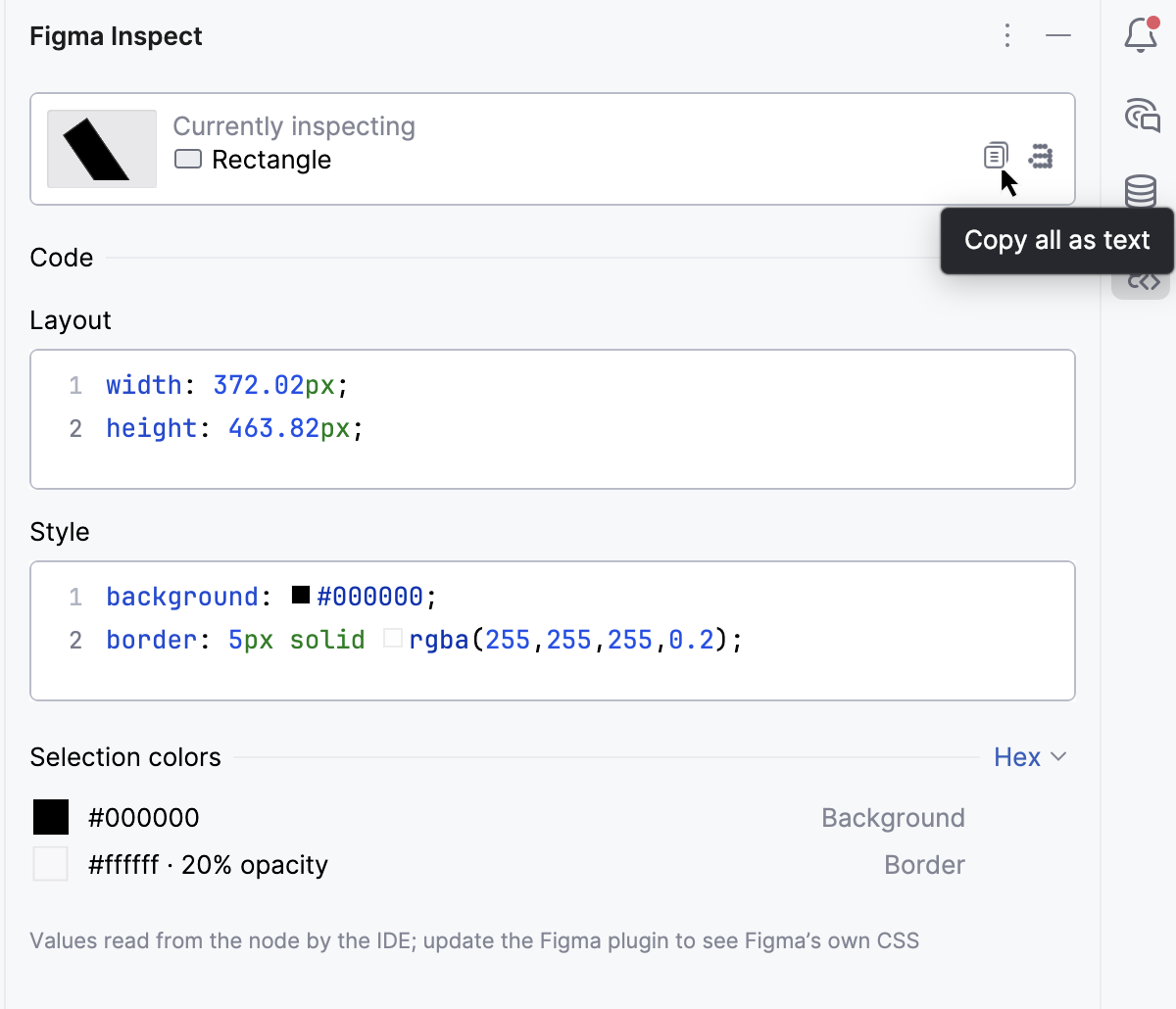 The Figma Inspect tool window - add all to context The Figma Inspect tool window - add all to context