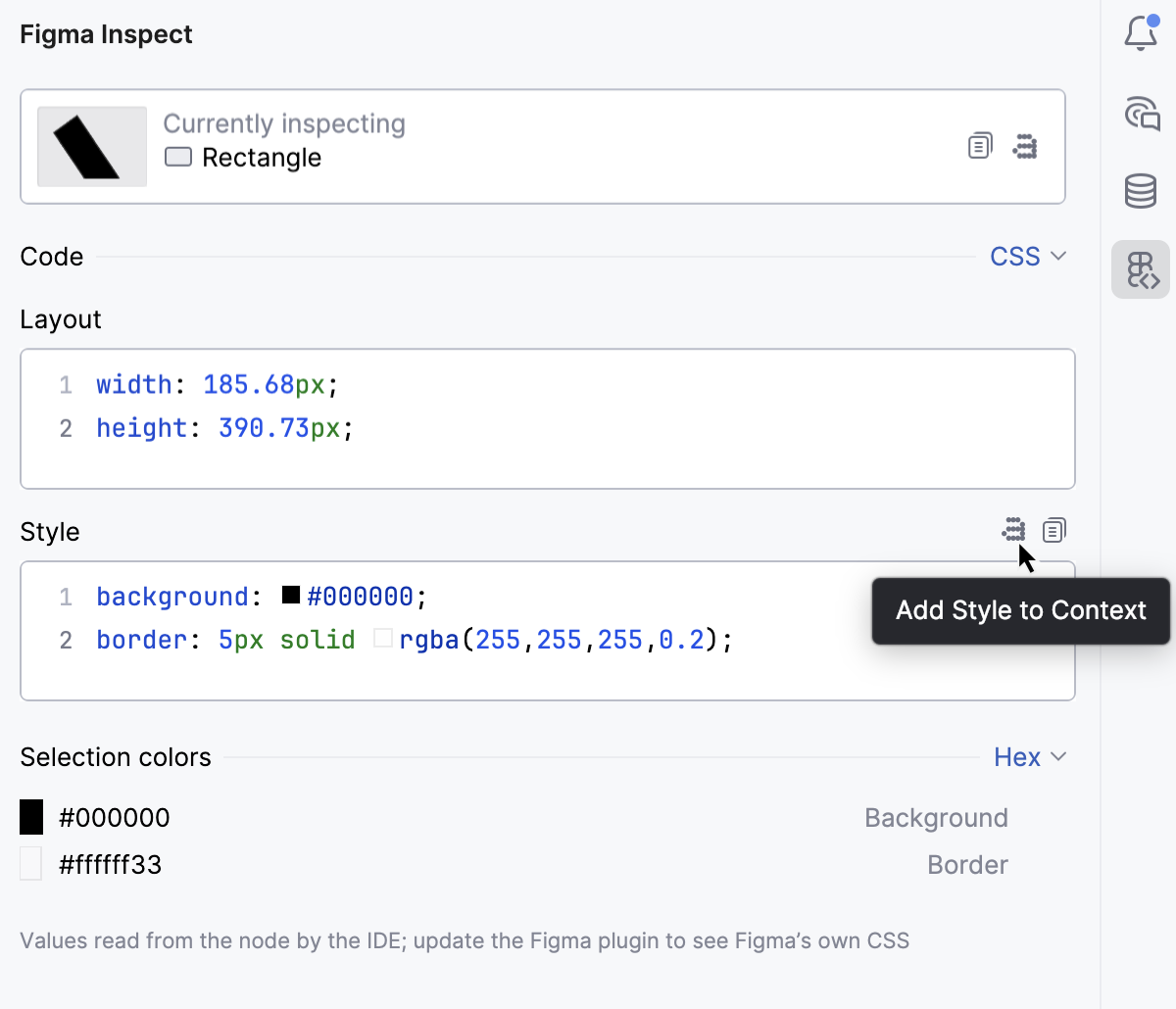 The Figma Inspect tool window - add to context The Figma Inspect tool window - add to context