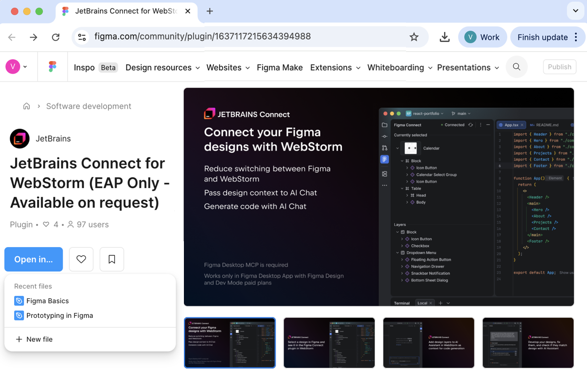 Install the JetBrains Connect plugin in Figma - select a file