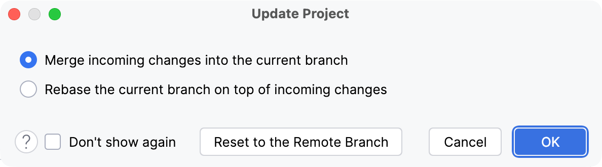 The Update project dialog opens The Update project dialog opens