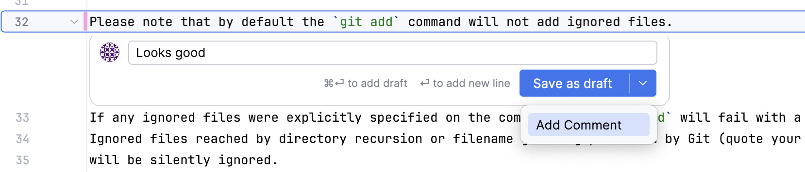 Comment field with a suggestion