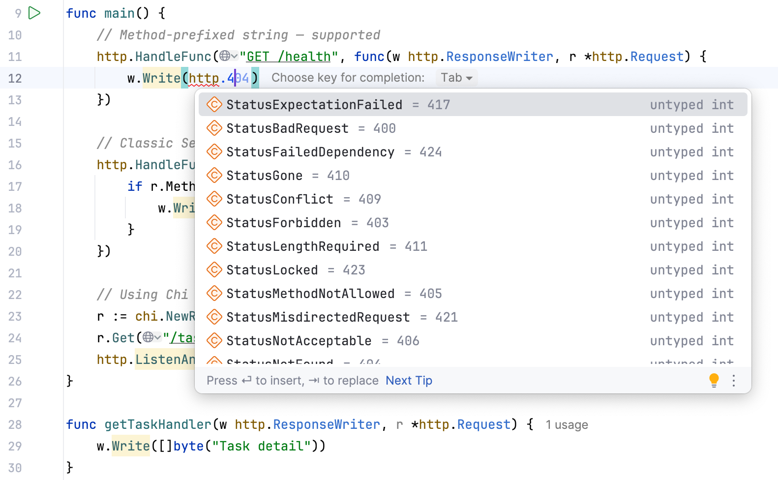 Autocomplete HTTP constants by typing the code number