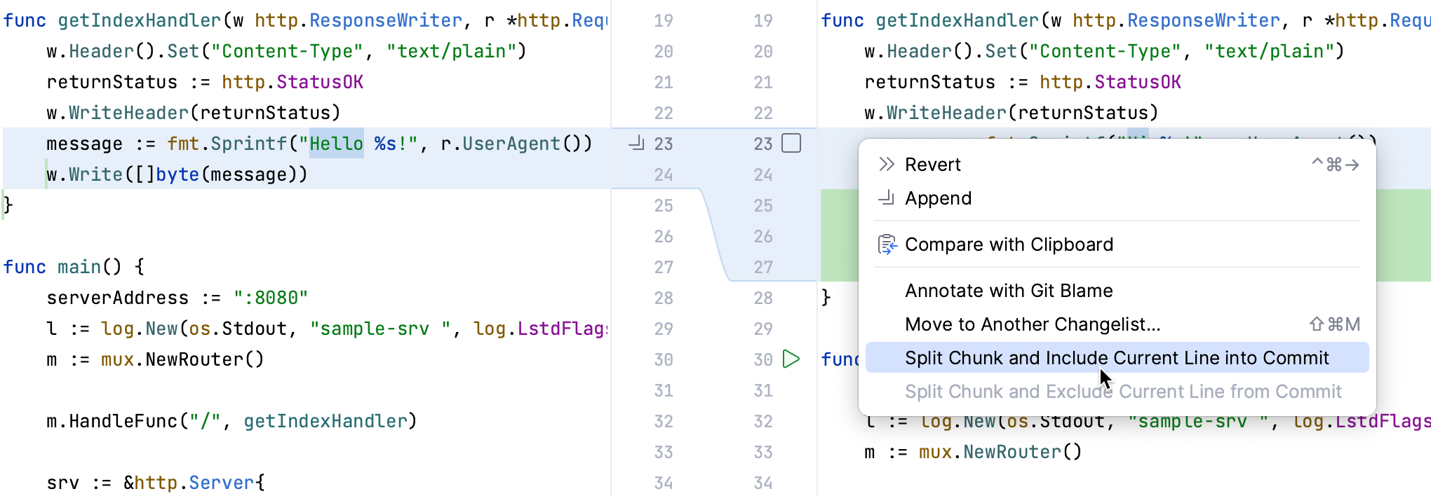 GoLand: An option to include the current line in commit in the context menu