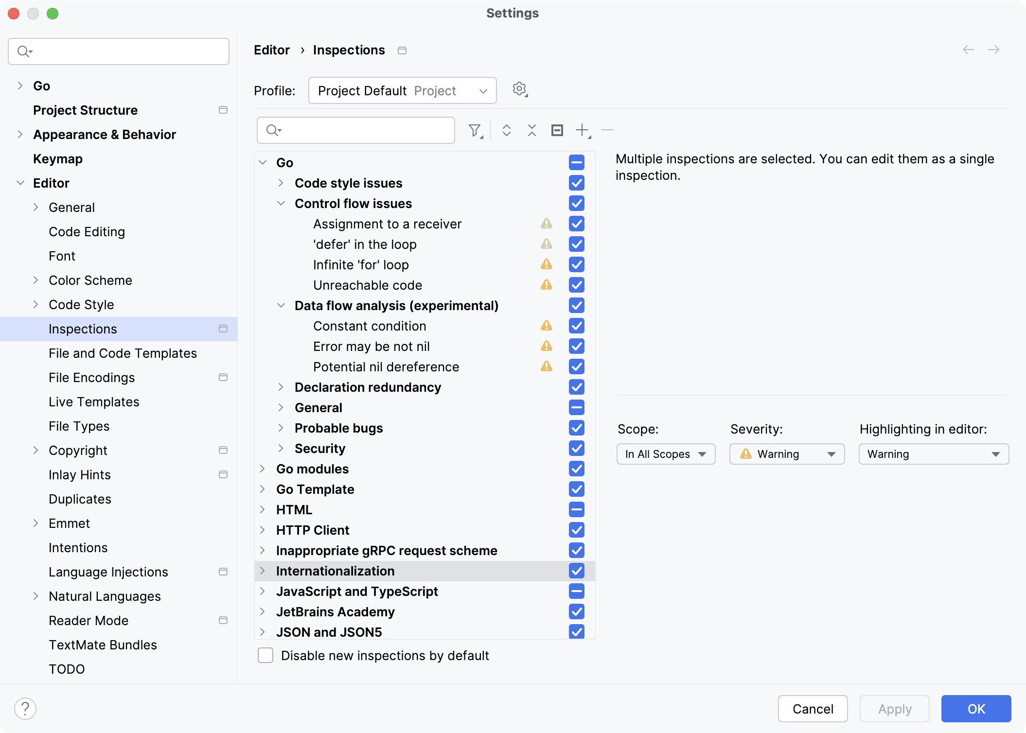 The list of inspections and their settings The list of inspections and their settings