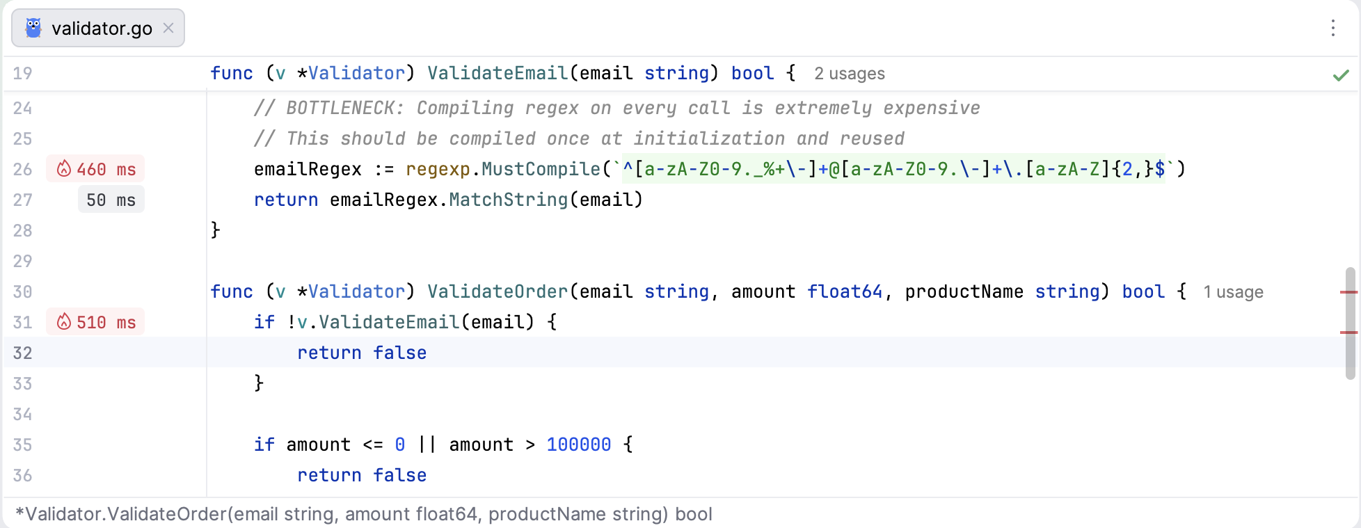 Line profiler hints appear on opening a snapshot