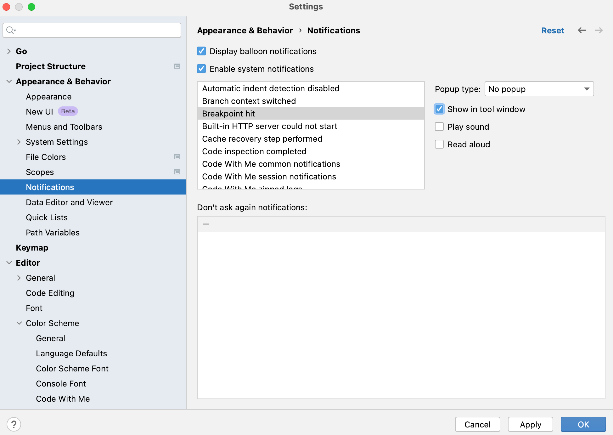 Notifications settings in GoLand with Play sound and Read aloud checkboxes available but not selected for a notification type