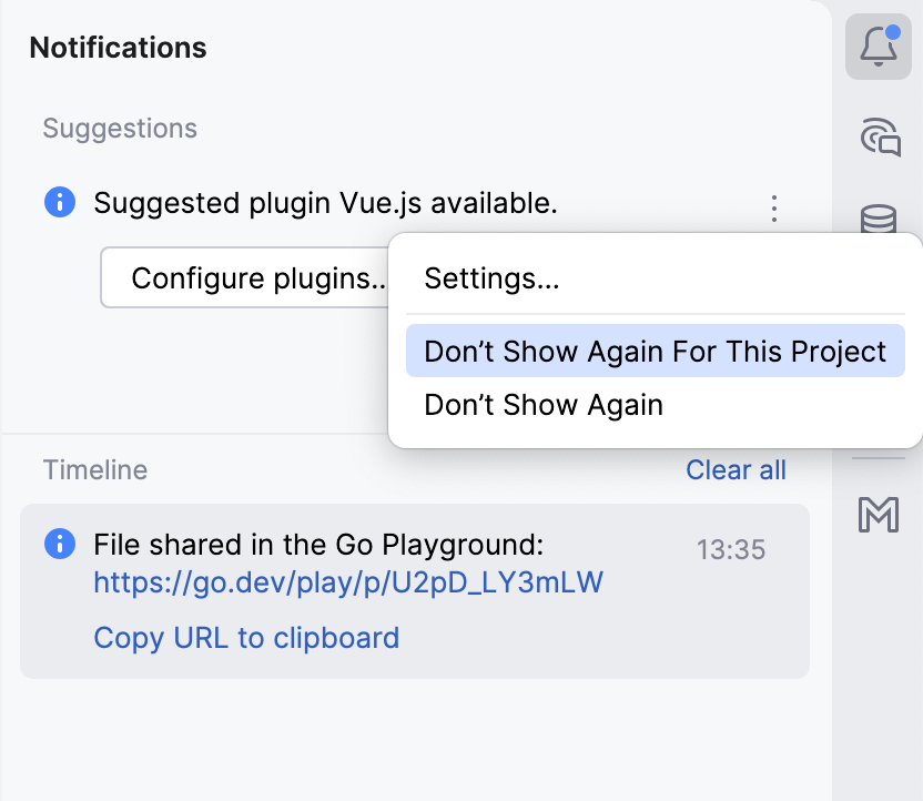 Suggestion notification with a context menu showing Settings, Don't Show Again For This Project, and Don't Show Again options