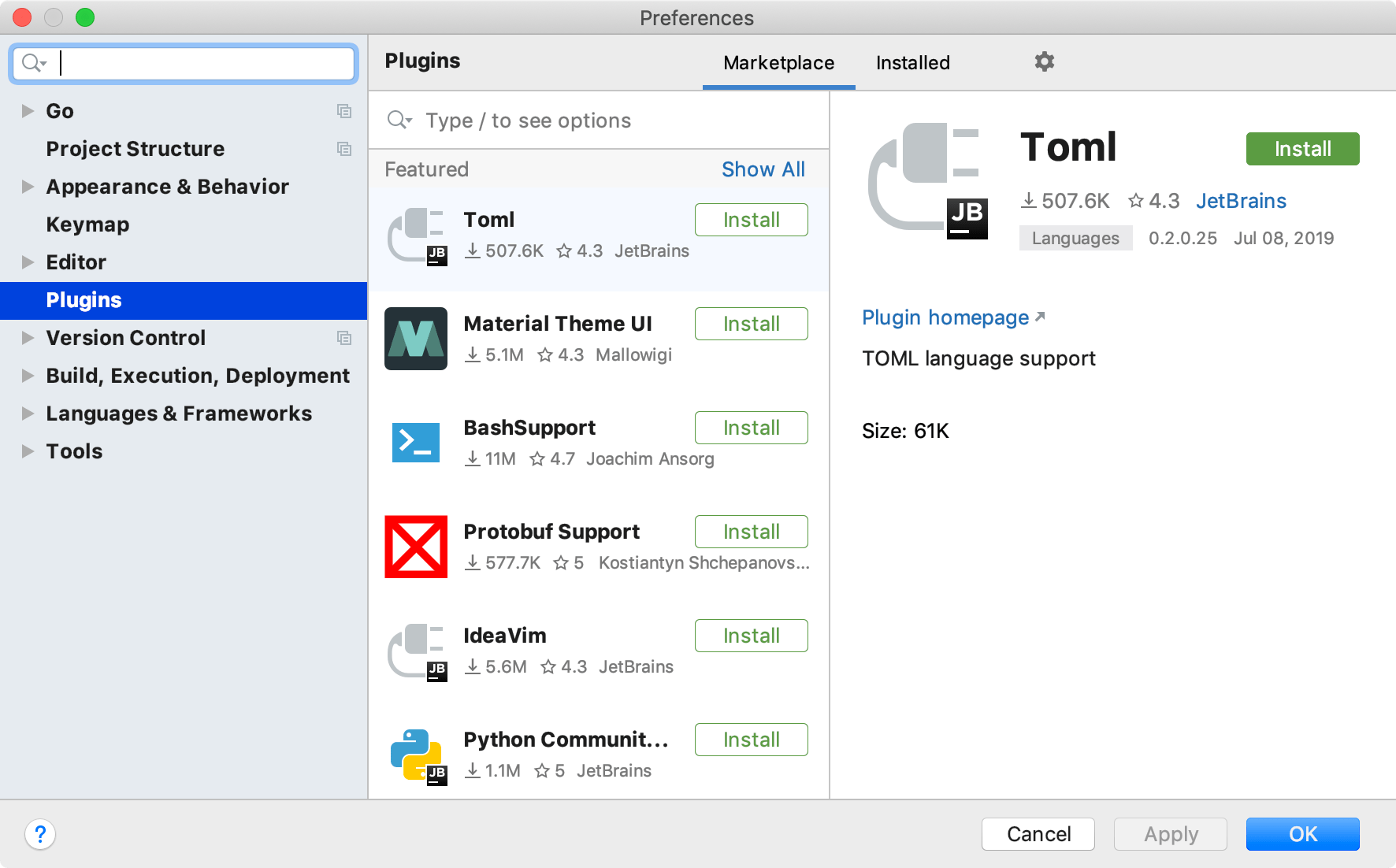 Plugins settings, Marketplace tab with Featured plugins; Toml plugin selected on the right with Install button and details. Plugins settings, Marketplace tab with Featured plugins; Toml plugin selected on the right with Install button and details.