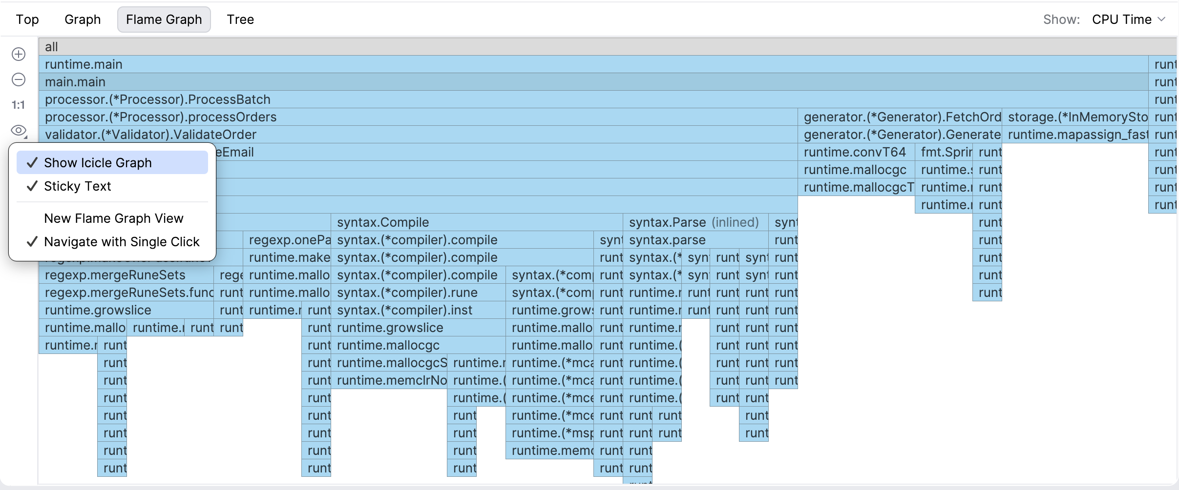 Flame graph view settings