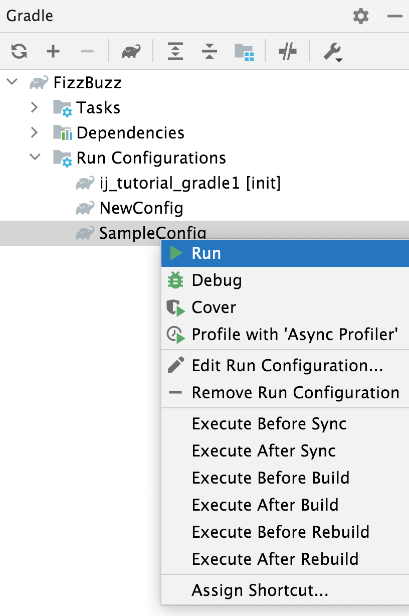 Gradle tool window: run configuration Gradle tool window: run configuration