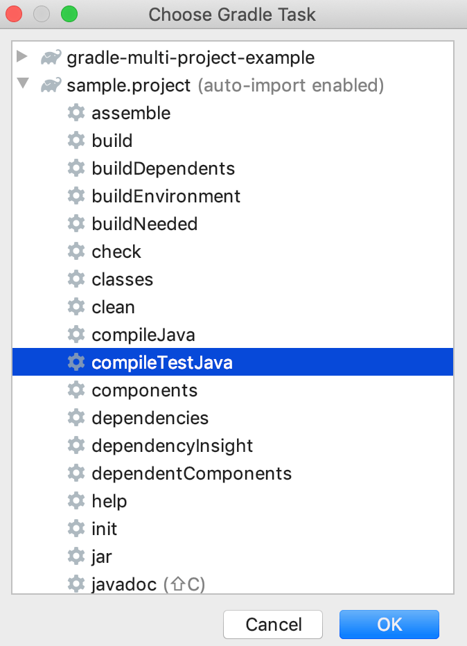 Choose Gradle task dialog Choose Gradle task dialog