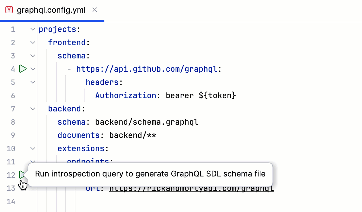 Create an introspection query: click the gutter icon Create an introspection query: click the gutter icon