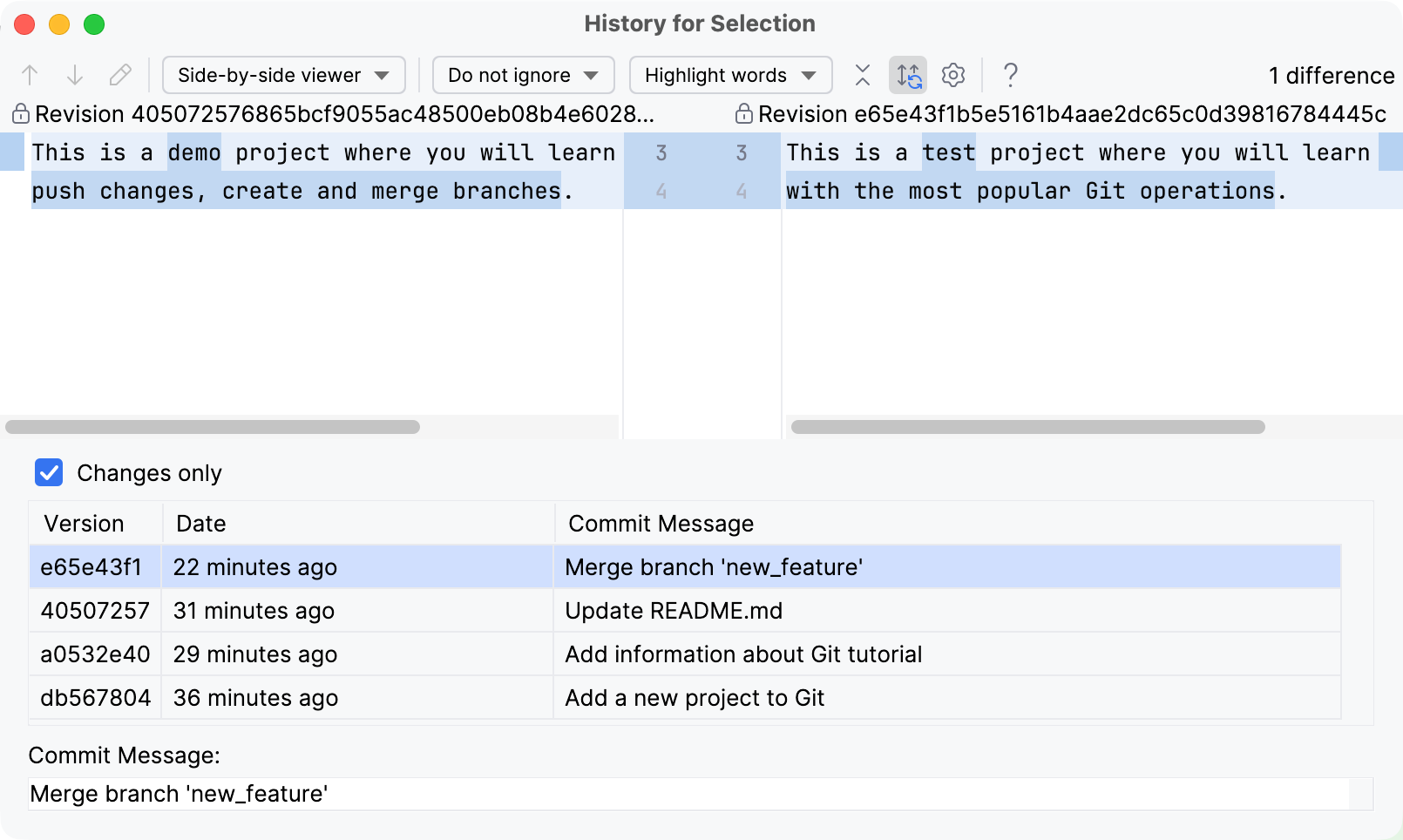 Git history for selection Git history for selection