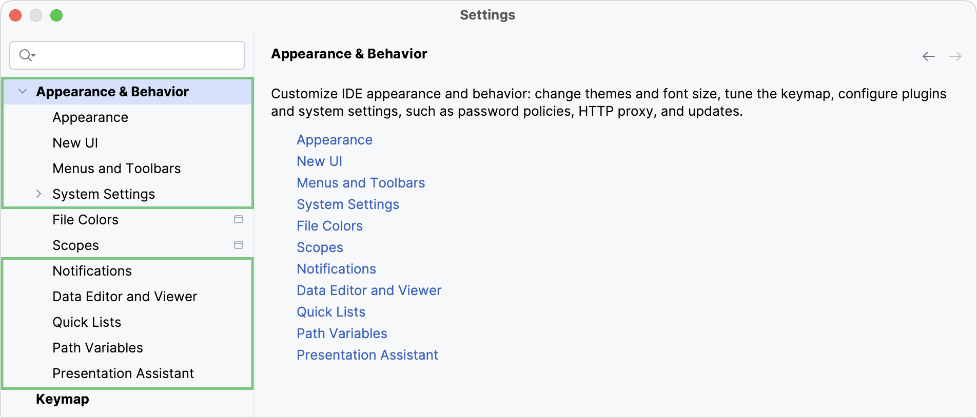 Global settings marked in the Settings dialog Global settings marked in the Settings dialog