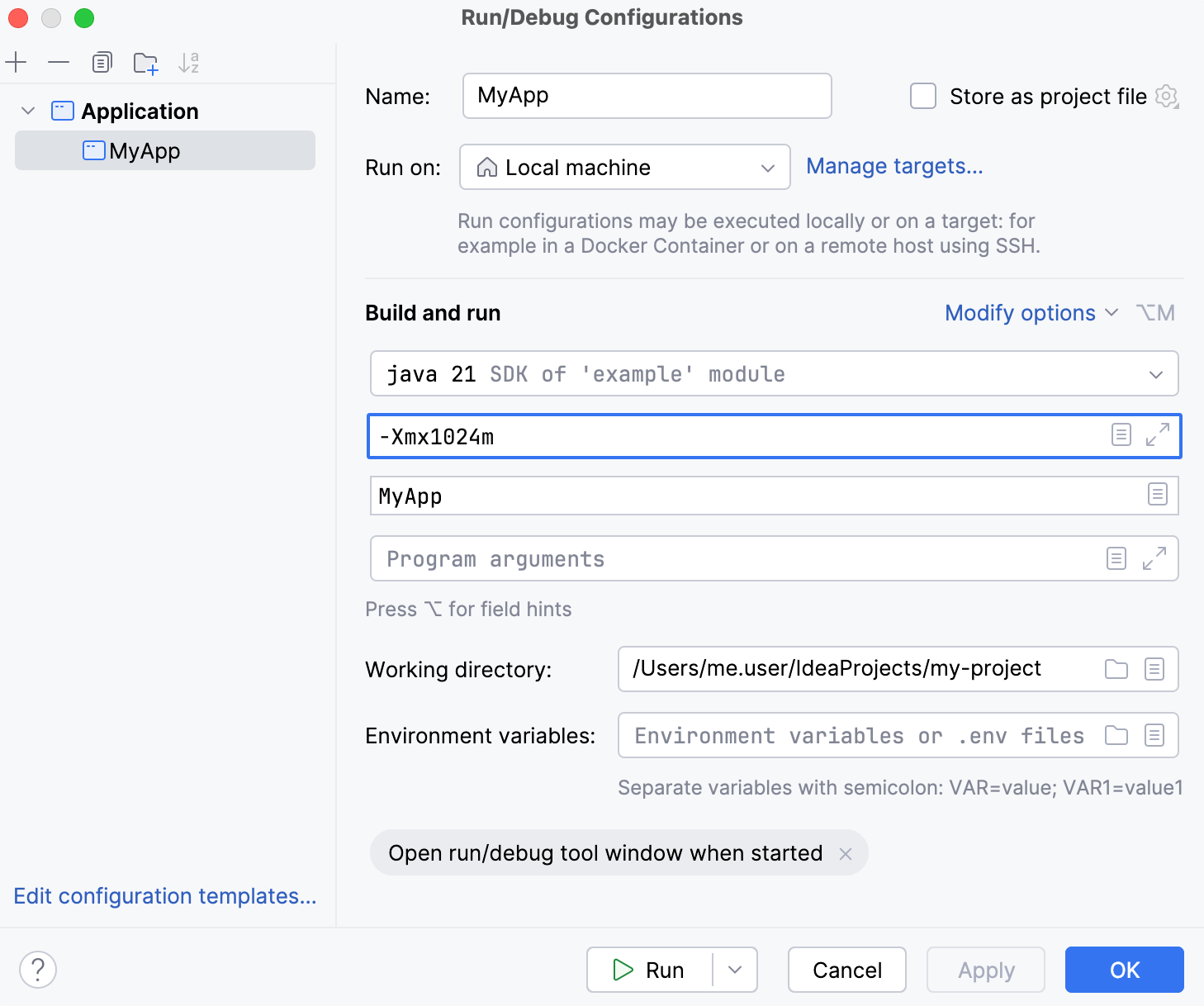 'VM Options' field in run configuration settings