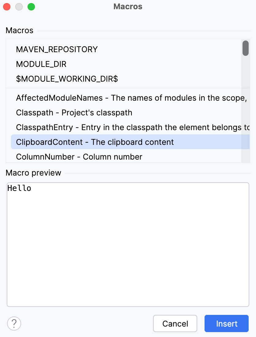 'Macros' dialog showing the list of available macros and their preview