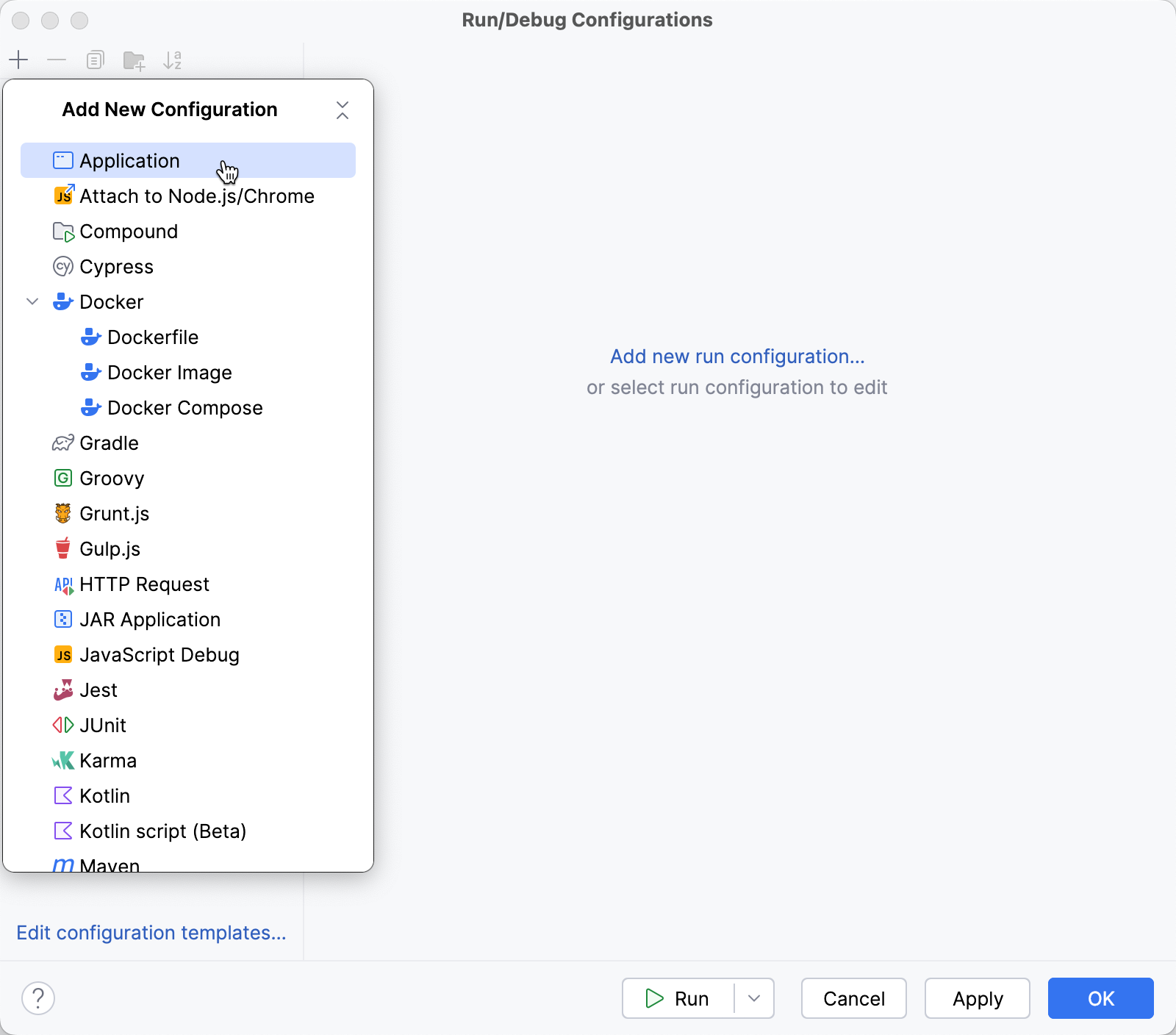 Selecting a new run/debug configuration template Selecting a new run/debug configuration template