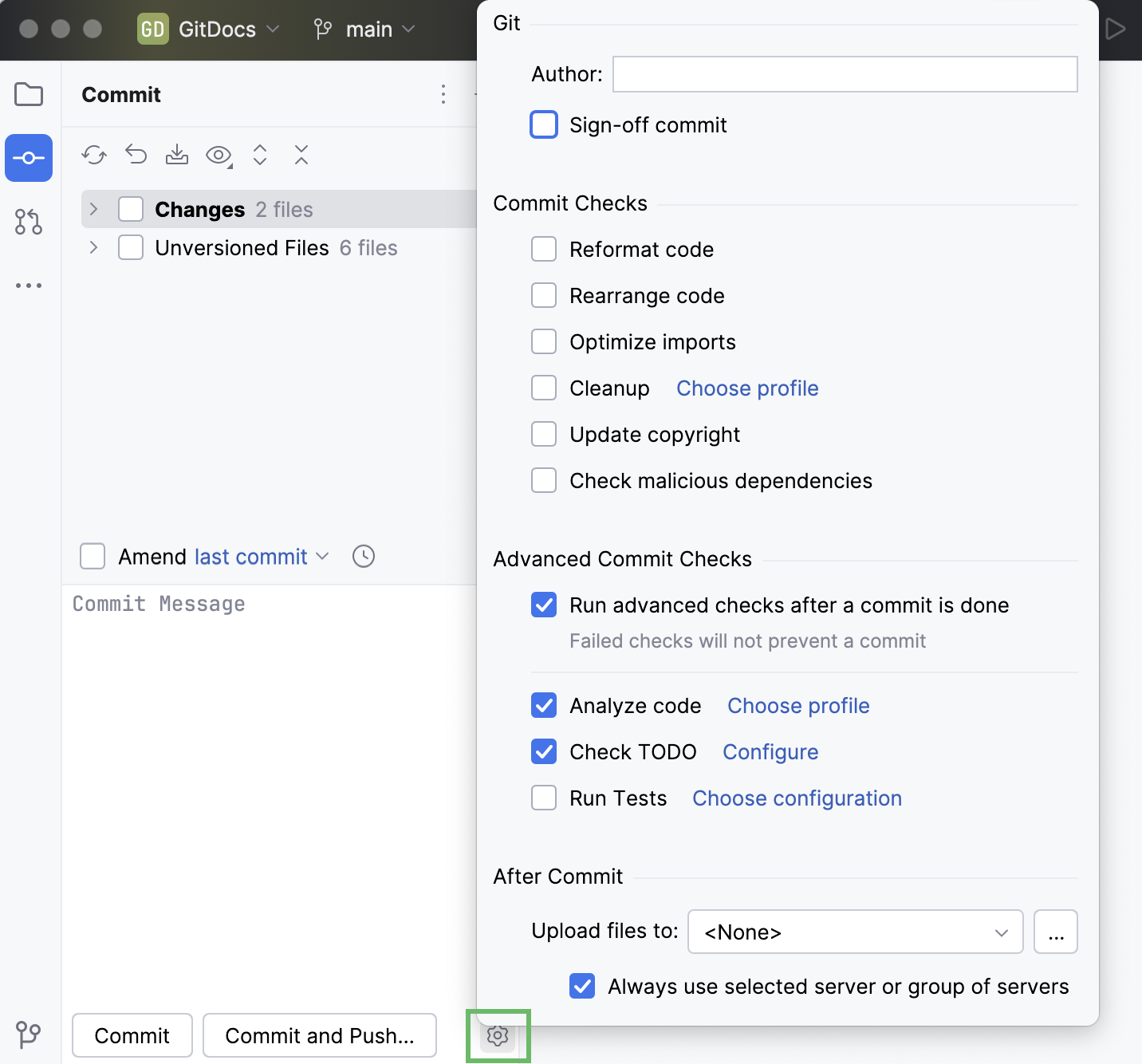 advanced commit options popup advanced commit options popup