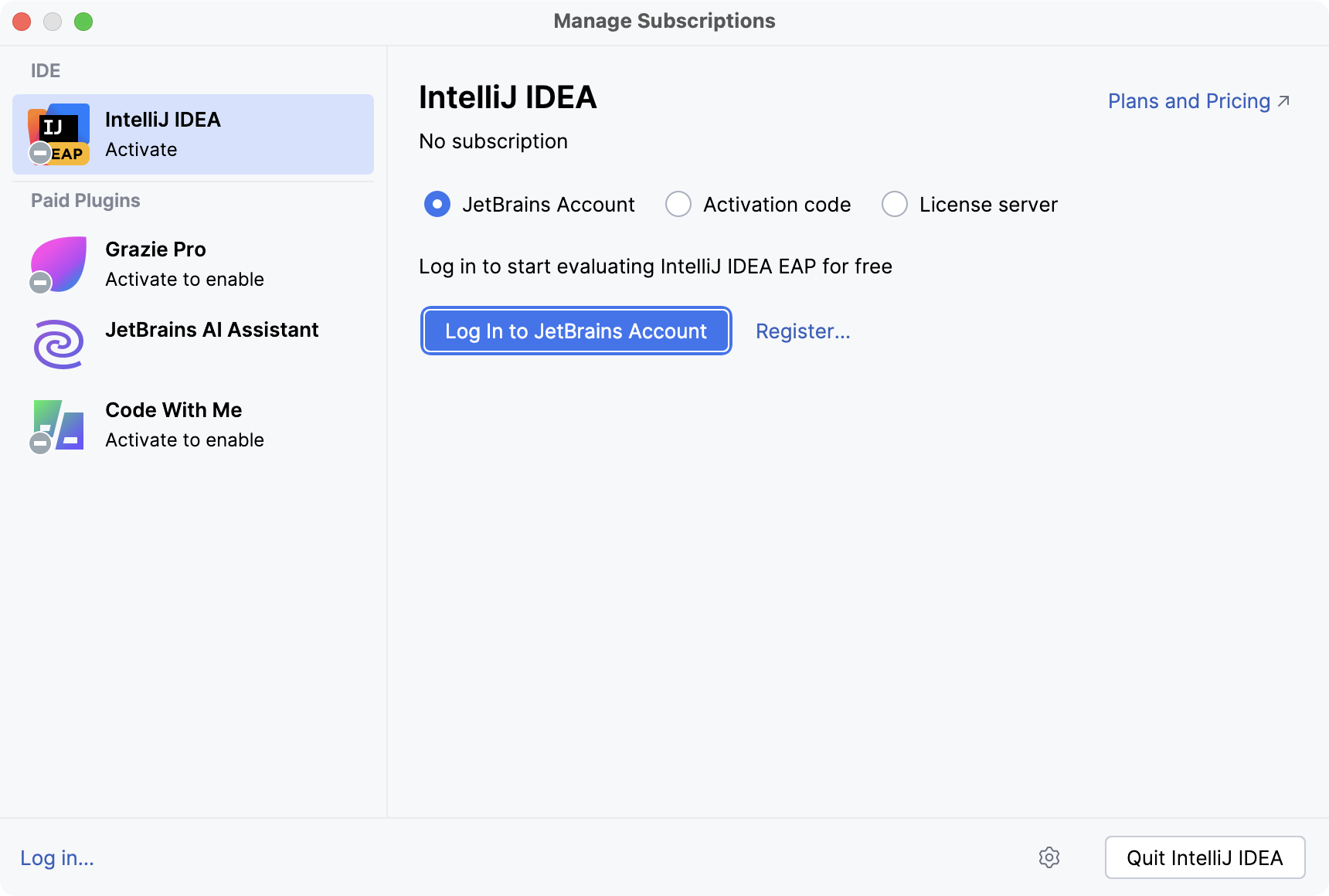 使用 JB Account 激活 IntelliJ IDEA 许可证