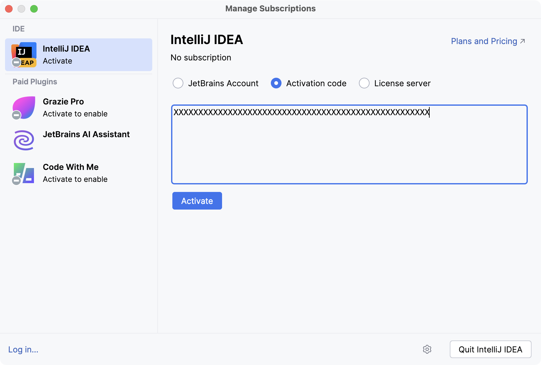使用激活码激活 IntelliJ IDEA 许可证