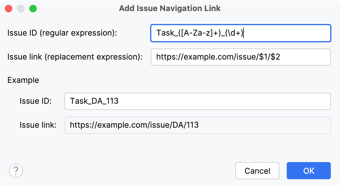 Add Issue Navigation Link dialog Add Issue Navigation Link dialog