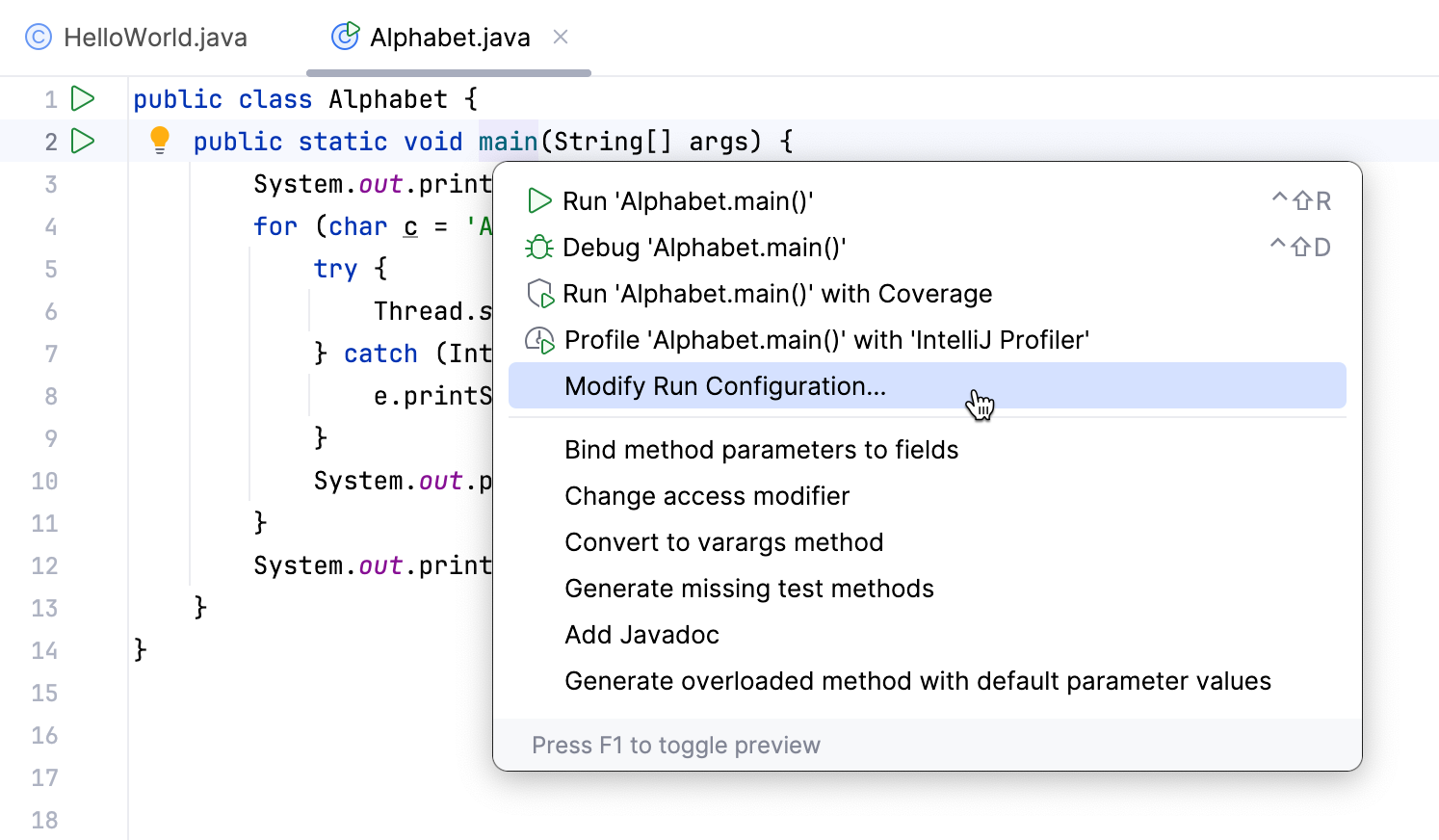 Create run configuration for a class Create run configuration for a class