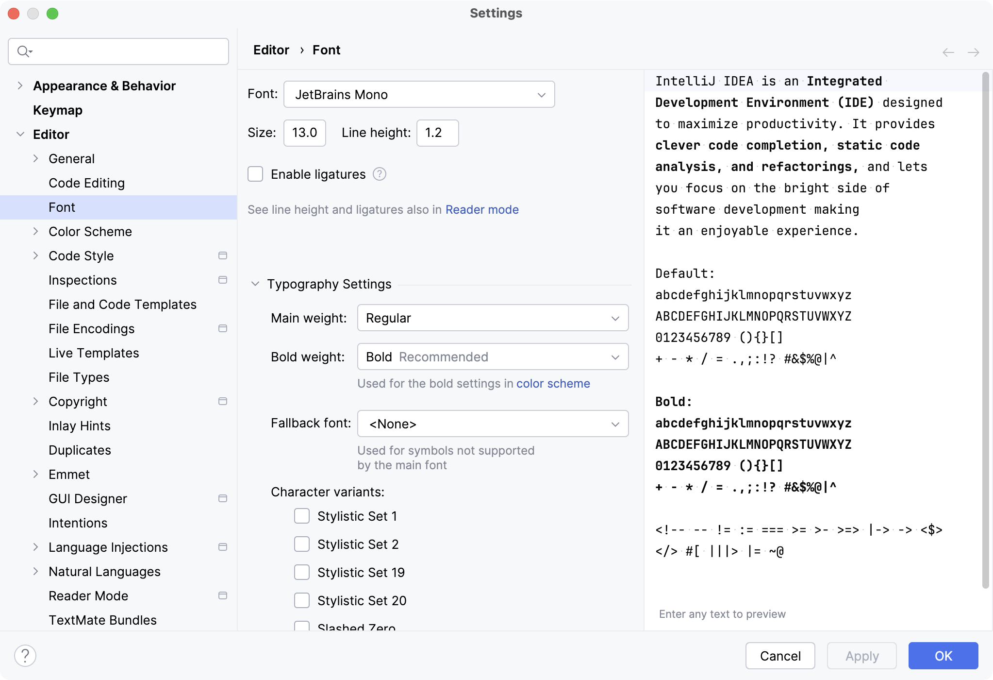 The Font settings page The Font settings page