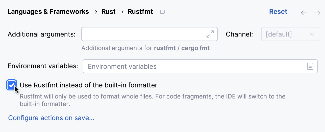 启用 rustfmt 替代内置格式化程序