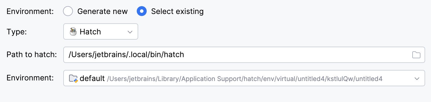 选择一个现有的 Hatch 环境.